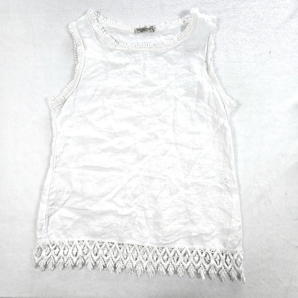 Valentina Naldi White 100% Linen Lace Trim Tank Top Made in Italy Size M